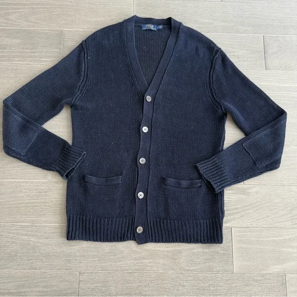 POLO RALPH LAUREN LINEN CARDIGAN SWEATER NAVY BLUE S OPEN CHUNKY KNIT V-NECK